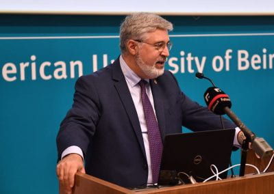 Dr. Fadlo Khuri, president of the American University of Beirut giving a speech.